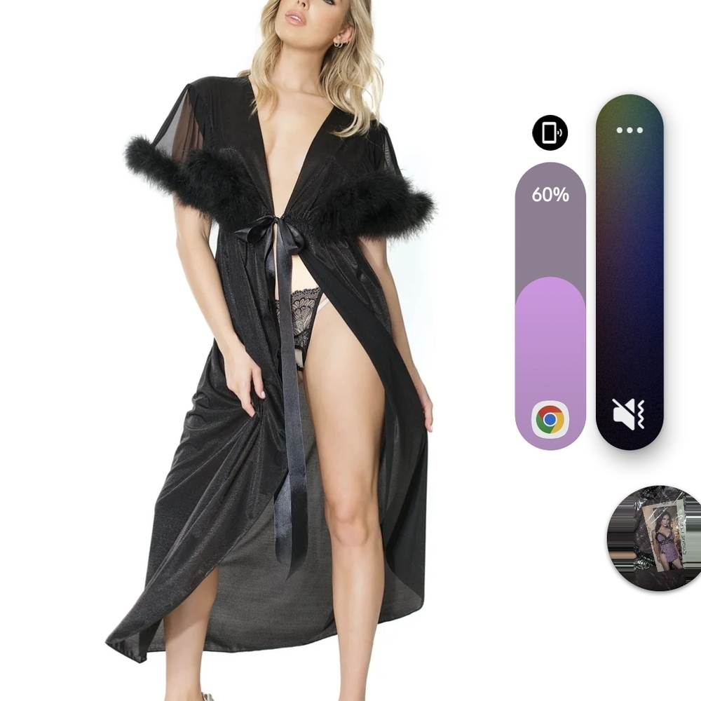 Elegant Black Sheer Robe with Fur Trim